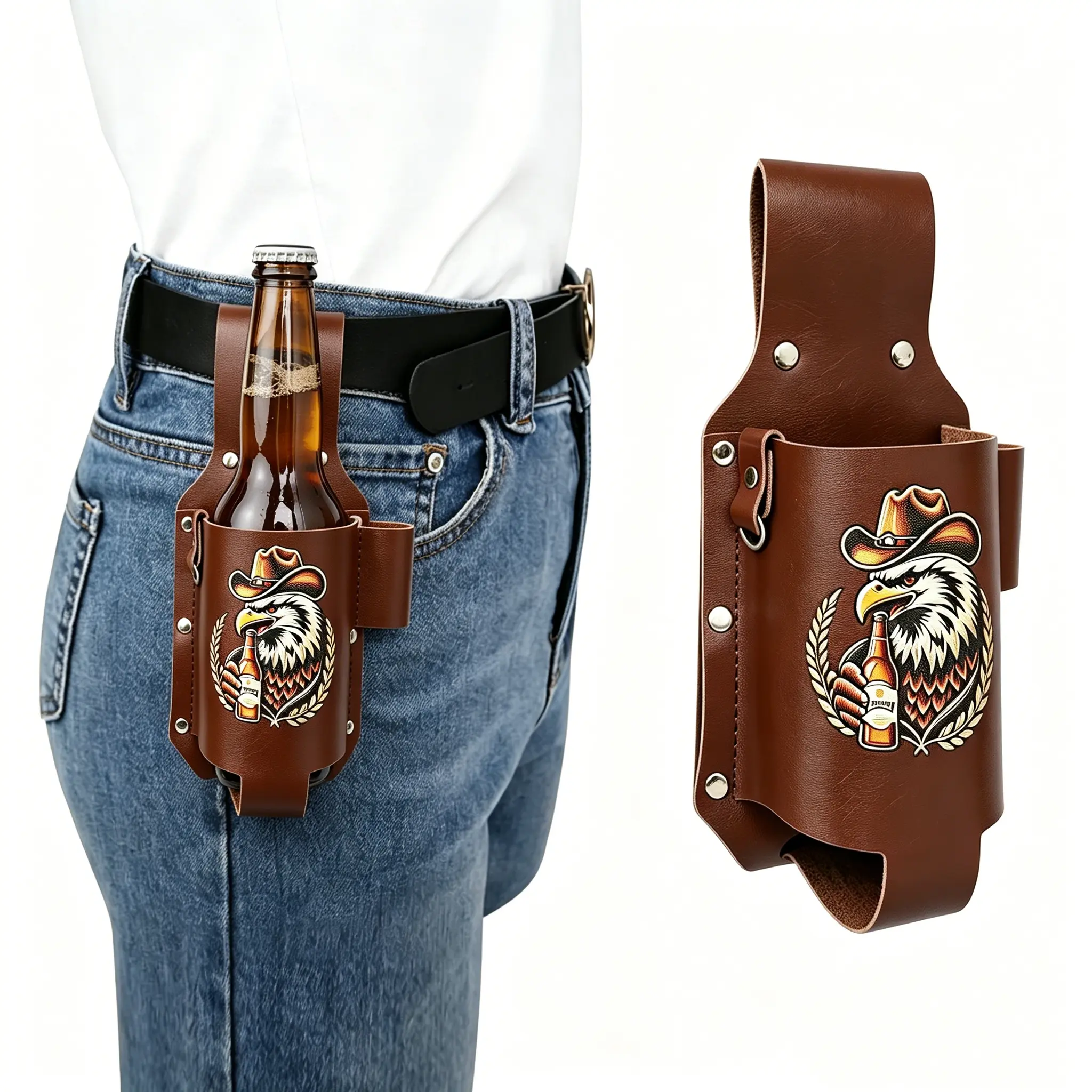 Vintage Western Sturdy Leather Cup Holder Belt - Adjustable Wide Belt Loop, Lightweight Metal-Printed Design, Hands-Free Holder for Fishing, Hiking, Cowboys, Bald Eagle-Themed Outdoor Use, Practical Men’s Gift, Hide