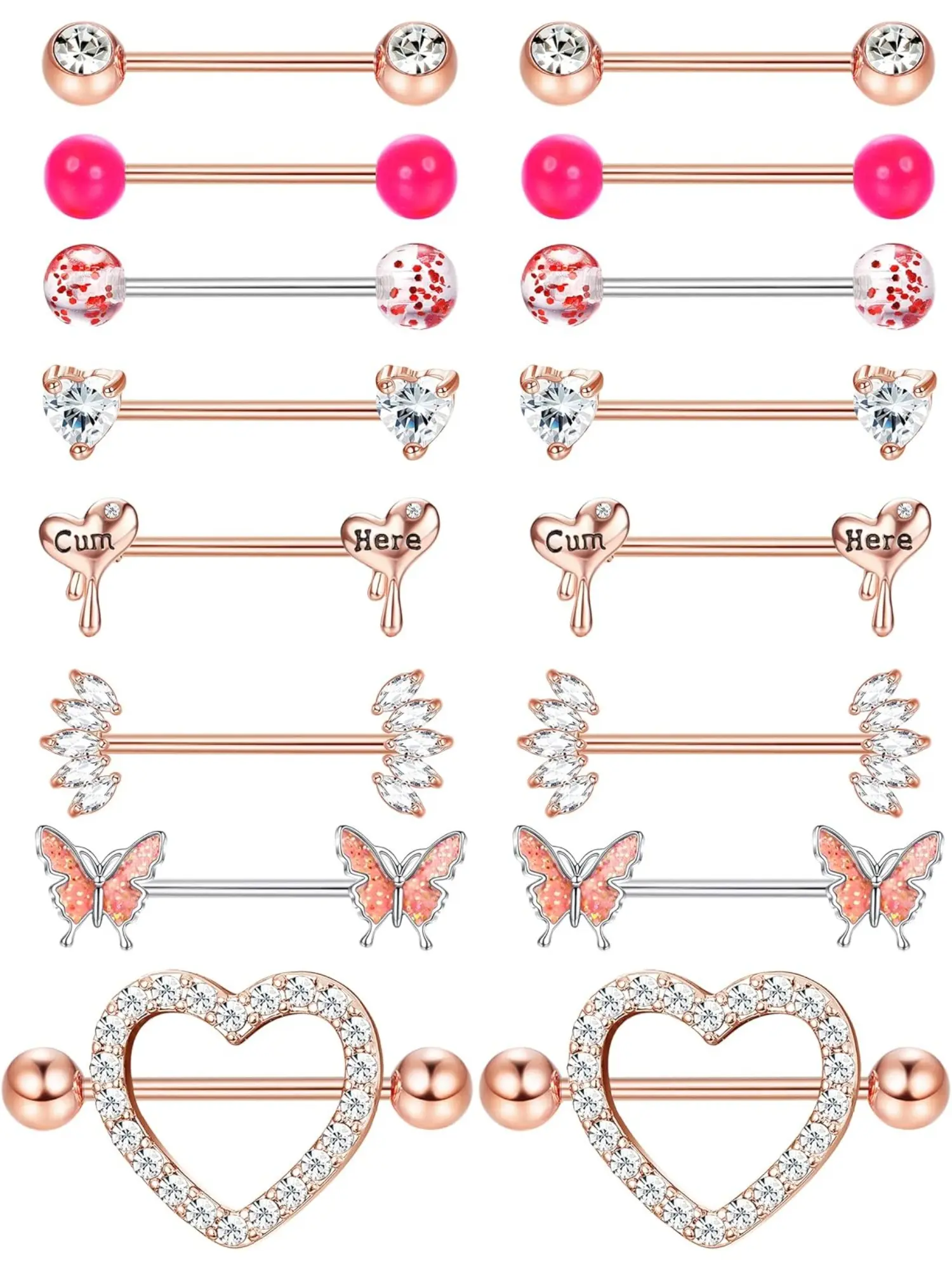 Sweet 8 Pairs Rose Golden Piercing Nipple Rings 14G Pink Stainless Steel Nipple Rings for Women Men Shining CZ Heart Butterfly Ball Tongue Barbell Rings Retainer Body Piercing Jewelry Set Body jewellery