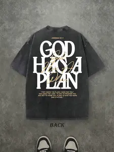 Vintage Christian T-Shirt, God Has A Plan Jeremiah 29:11 Washed Black Cotton Oversized Short Sleeve Tee, Retro Faith Based Text Graphic Casual Crewneck Shirt