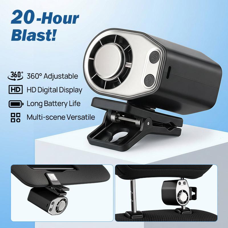 JOYTUTUS 2026 Car Clip On Air Conditioner Fan with LED Display - 360° Rotation, 100 Speeds Adjustable, USB Rechargeable Personal Cooling Fan, 60.8°F Semi-Cooling Wide Clamp 20Hr 3000mAh Battery, 2 Buttons, Left Button for Speed, Right Button for Cooling