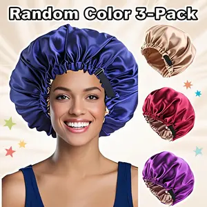 3pcs Women'S Soft Polyester Satin-Like Shower Caps with Adjustable Elastic Band & Pleated Design - Curly & Straight Hair Nightcap, Dry Hair Cap for Bed, Bath, Travel - Frizz-Free Hair Protection, One-Size-Fits-All (No-Slip, Durable & Comfortable)