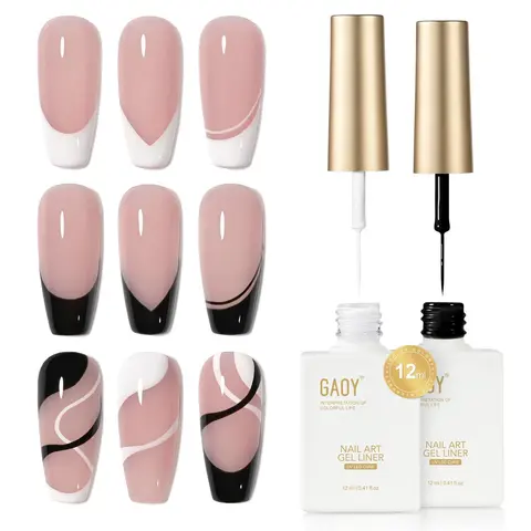 GAOY Gel Nail Polish Art Liner Set, White and Black 2Pcs 12ml Classic Color | With Thin Brush for Nail Paint Design, French Tip Tool, UV/LED Cure Required, Easy DIY French Manicure at Home