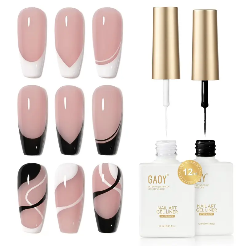 GAOY Gel Nail Polish Art Liner Set, White and Black 2Pcs 12ml Classic Color | With Thin Brush for Nail Paint Design, French Tip Tool, UV/LED Cure Required, Easy DIY French Manicure at Home