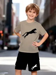 Boys' Junior Leopard Print Casual Set, Breathable Short Sleeve Top & Shorts, Slim-Fitting All over Print, Daily Wear, Kid