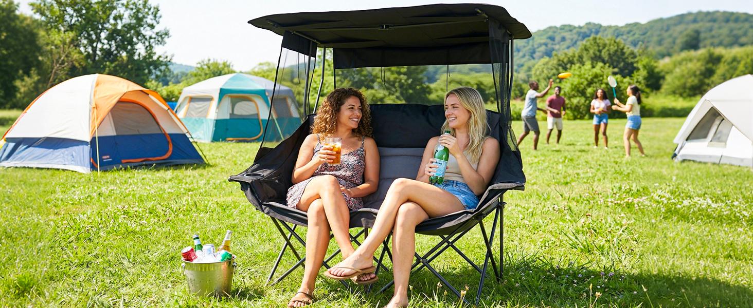 MOPHOTO XXL Double Camping Chair with Shade Canopy, Fully Padded Folding Camping Loveseat , Oversized Camping Bench Lawn Chairs Patio Lounge Chairs for Adults