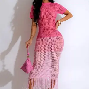 Dessert Bloom Dress Crochet Dress with Fringe Detail and Short Sleeves for Women’s Clothing  Knit