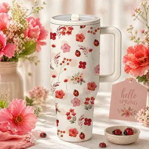 1 Pc 40oz Insulated Mug, Vacuum Insulated Tumbler, Spring Flower And Ladybug Print, Double Wall, Leak Proof, Large Capacity, Hot Cold Drinks, Botanical Design, Gift For Women, Garden Lovers, Keeps Hot 12 Hours, Cold 24 Hours