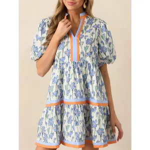 Women Y2K Babydoll Mini Dresses V Neck Puff Sleeve Short Dress Beach Sundress