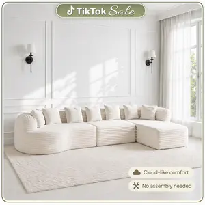 Beige Luxury Corduroy Curved Sectional Sofa - 111.5" Oversized Deep Seat Cloud Couch, Modern 4-Seater Boneless Memory Foam Boneless Couches with 6 Pillows W3505P355585