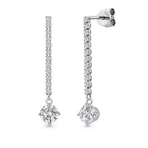 14K White Gold White Lab Grown Diamond Long Liner Dangle Earrings for Women | 1.36 Cttw | Gemstone April Birthstone | Round 5MM | White Gold Chain Drop Earrings | DEF Color | VVS-VS Clarity