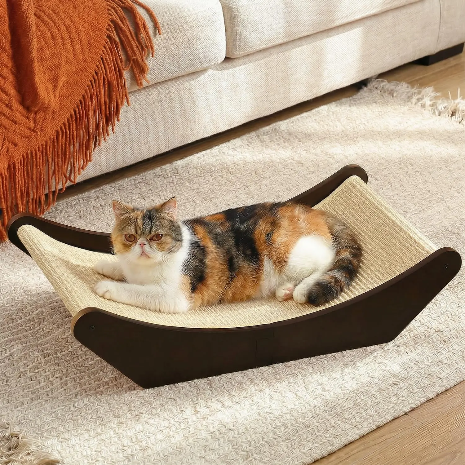 Cat Sisal Scratching Bed Hammock, 2-in-1 Cat Scratcher & Lounging Bed, 100% Natural Sisal Mat, Solid Wood Frame, Cat Furniture Protector (Medium, Black)