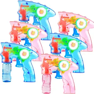 GJ 001-XLL 6 Pcs Bubble Gun Shooter LED Light up(no Batteries Needed), Wind up Operated Bubbles Blaster Blower with Bottle Solutions, Bubble Blowing Toy kit for kid Boy and Girl Outdoor Summer Game Party Favor