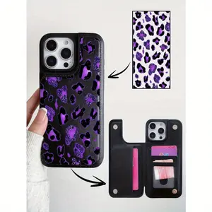 1 purple leopard print card holder phone case, multifunctional phone case, can store credit cards, bank cards, and coins, suitable for all models of Apple phone cases, can be used foriPhone 17/16/15/14/13/12/11/ProMax/Air/Plus., Phone Cases with Card Hold