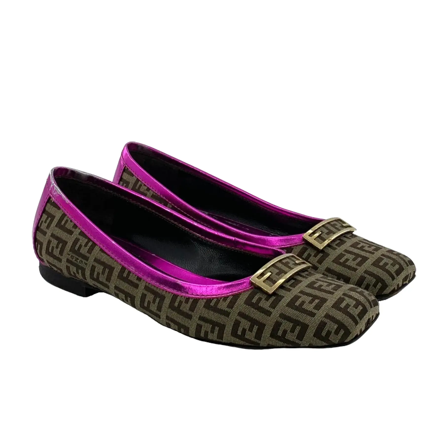 RDLT-Fendi Size 38 Ebony All-over FF Logo Flat Shoes-J36404