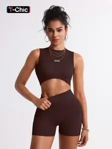 Two-Piece Set Women's Solid Crop Top & High Waist Shorts Sportswear Set, Workout Running Clothes, Workout Running Outfits, Sporty Casual Breathable Comfortable Two-piece for Gym Workout Running, Ladies Sportswear for All Seasons