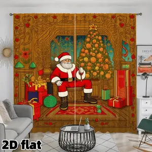 2D Flat 2Pcs Vintage Christmas Scene Curtains, Festive Holiday Santa Print, Golden Brown Room Setting, Semi Sheer Rod Pocket Design, Perfect for Living Room Bedroom Kitchen Window Decor, Xmas Gift Window Treatment, Home Decoration Curtain