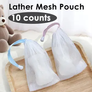 10 Counts Exfoliating Bar Soap Pouch, Double Layer Thicken Foam Net, Bubble Mesh Bags, Soap Saver Sack, Drawstring Holder Bags for Bath & Shower, Random Color
