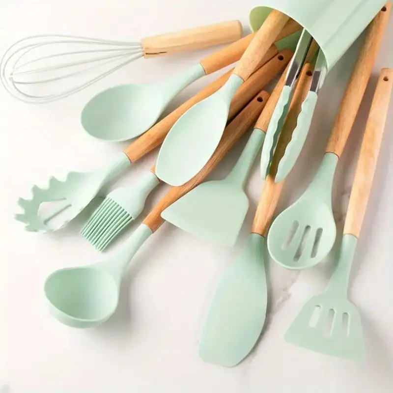 Silicone Cooking Utensil Set with Wooden Handle, 12pcs/set Non-stick Cooking Baking Spatula Tool Set with Holder, Kitchen Cooking Utensils Set for H