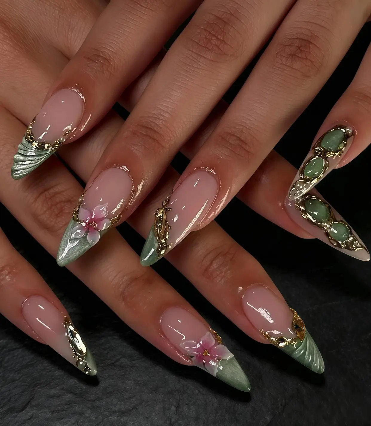 Jade Green Pink Flower Press On Nails, 3D Petal Gold Frame Luxury Fake Nails, Royal Nail Set
