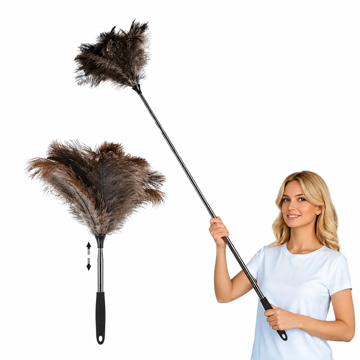 Feather Duster with Adjustable Feathers and Long Handle, Long Handle Duster Head for Cleaning Dust and Pet Hair, Ideal for Hard-to-Reach Areas, Long Handle Dusters/Duster Heads