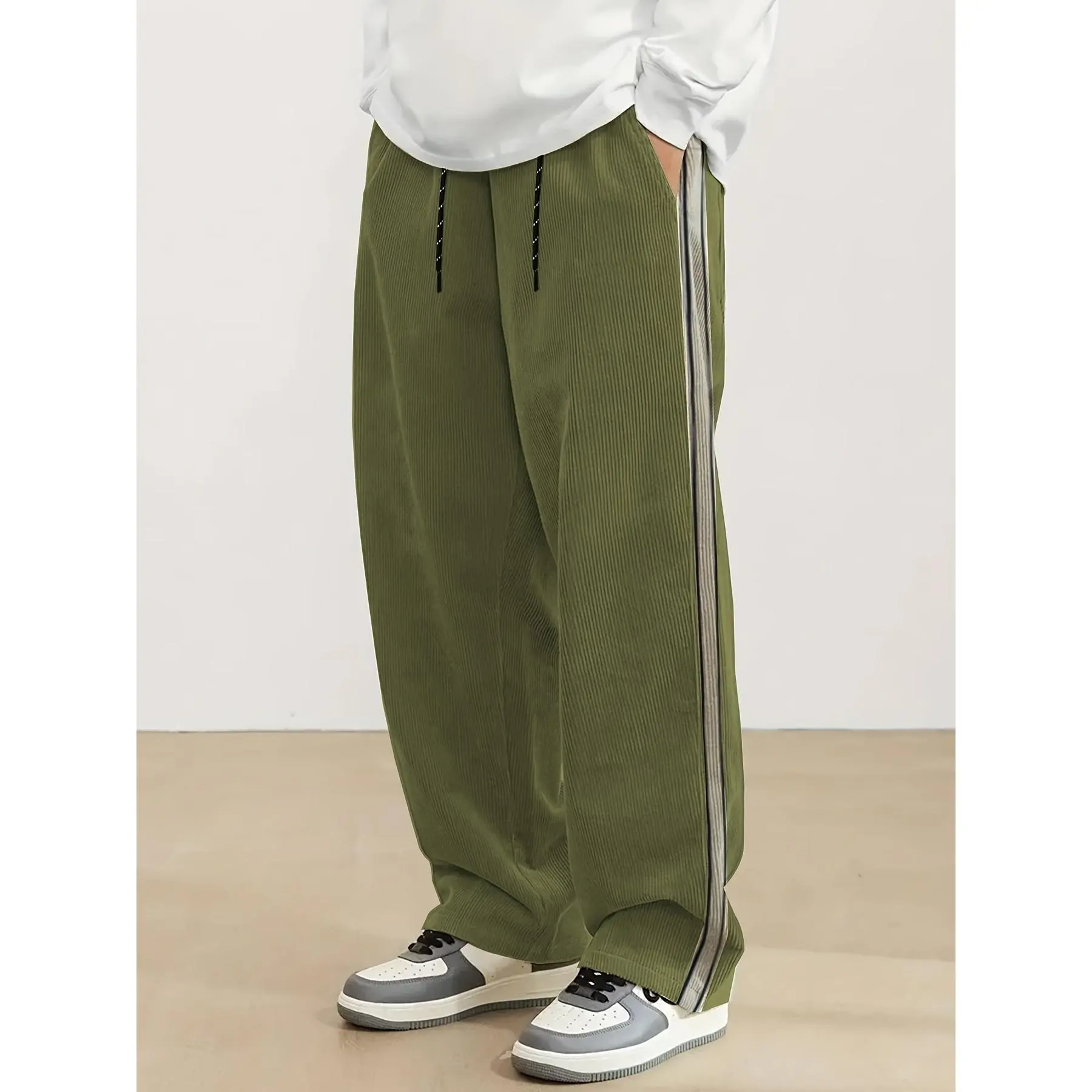 [Relaxed Fit Corduroy Joggers] Men's Casual Corduroy Joggers with Striped Jacquard Design - Relaxed Fit, Drawstring Waist, Pockets, Machine Washable, All-Season Wear, Casual Wear Pants|Striped Casual Pants|Woven Fabric Pants, Jacquard Striped Casual Pants
