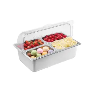 fathersdaygift VEVOR Countertop Food Serving Display Container, 4 Pan Stainless Steel Food Serving Tray, Buffet Condiment Dispenser Display Rack with Clear Lid 3 Freezer Boxes, for Restaurant Hotel Kitchen Party