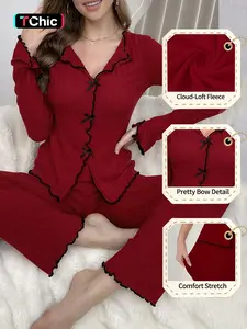 Women's Spring Autumn Winter Plain Thickened Warm Sweet Bow Lace V-Neck Long Sleeve Soft Sleepwear Loungewear Home Two-Piece Suit