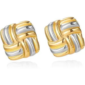 Gold Statement Chunky Stud Earrings for Women,Geometric Square Textured Vintage Trendy Jewelry