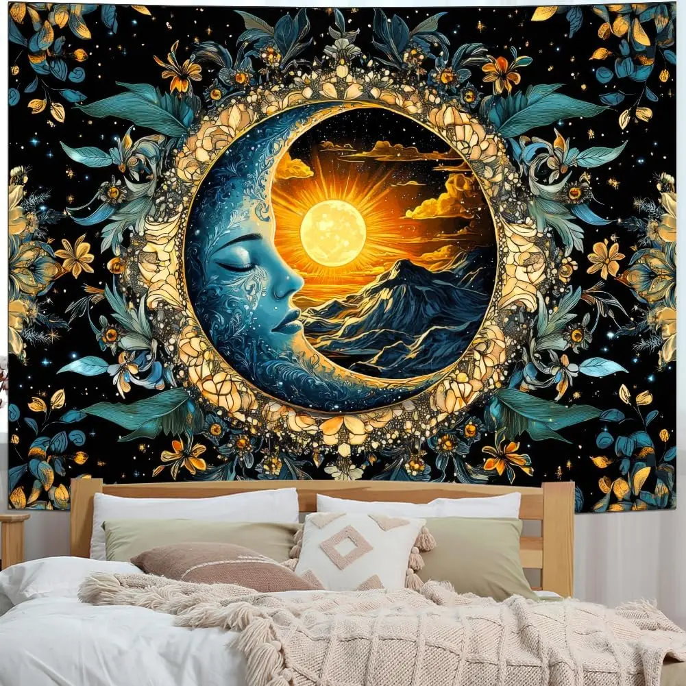 Galoker Sun and Moon Tapestry Boho Hippie Mystic Floral Tapestry Aesthetic Vintage Flower Plant Wall Tapestries Starry Night Mountain Tapestries Wall Hanging for Home Decor(51.2"x59.1")