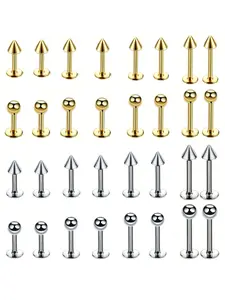 Four 304L Stainless Steel Spiked Lip and Ear Studs | 18K Golden Plated, Gothic Style, Unisex Body Piercing Jewelry, Suitable for Everyday Wear and Gifts