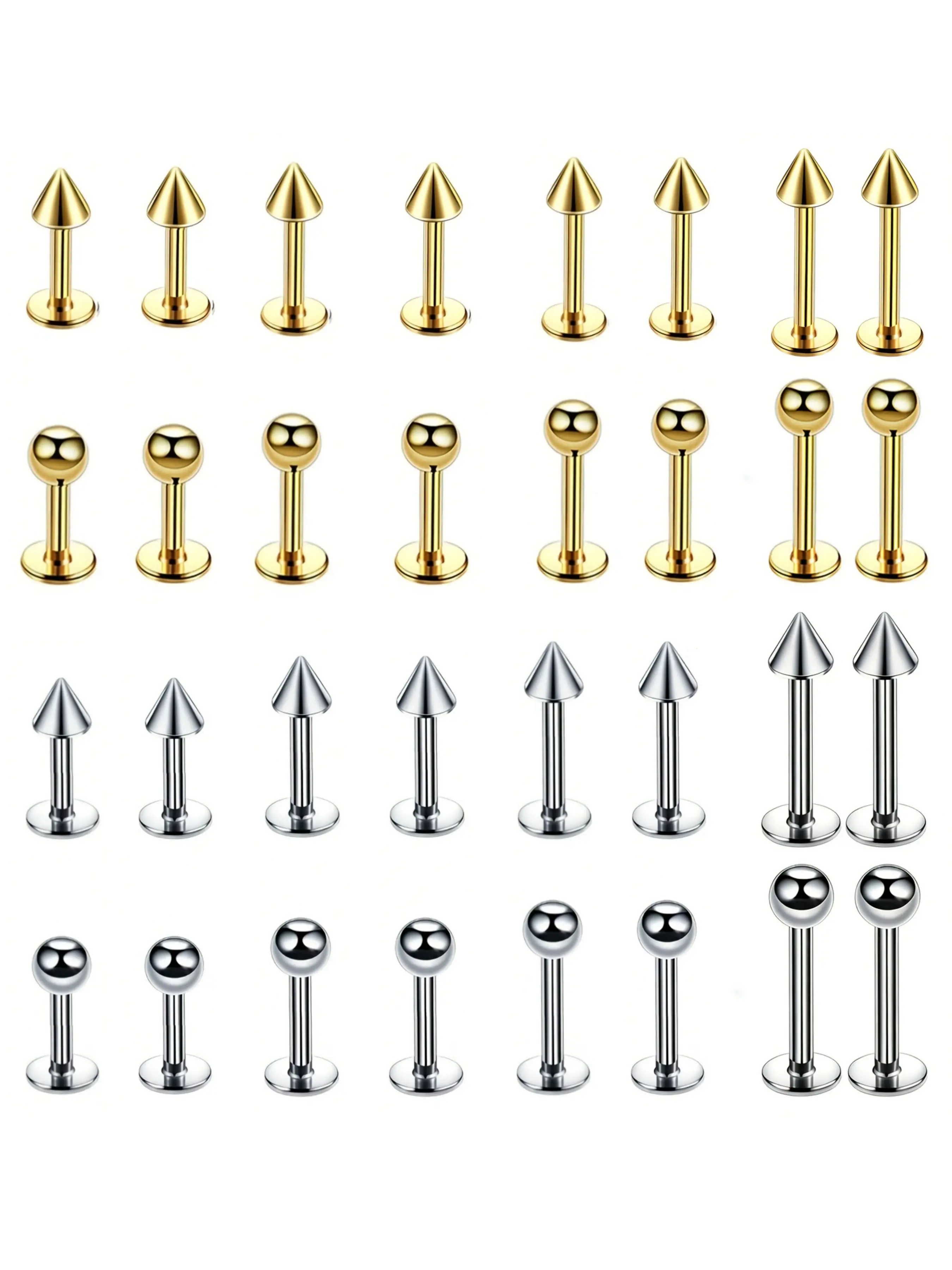 Four 304L Stainless Steel Spiked Lip and Ear Studs | 18K Golden Plated, Gothic Style, Unisex Body Piercing Jewelry, Suitable for Everyday Wear and Gifts, Body Jewelry Set, Body Jewellery