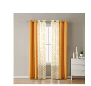 Kingswood Solid and Printed Sheer Grommet Curtain Panel Set, 4 Piece, Brown Butter, 27.5" W x 84" L