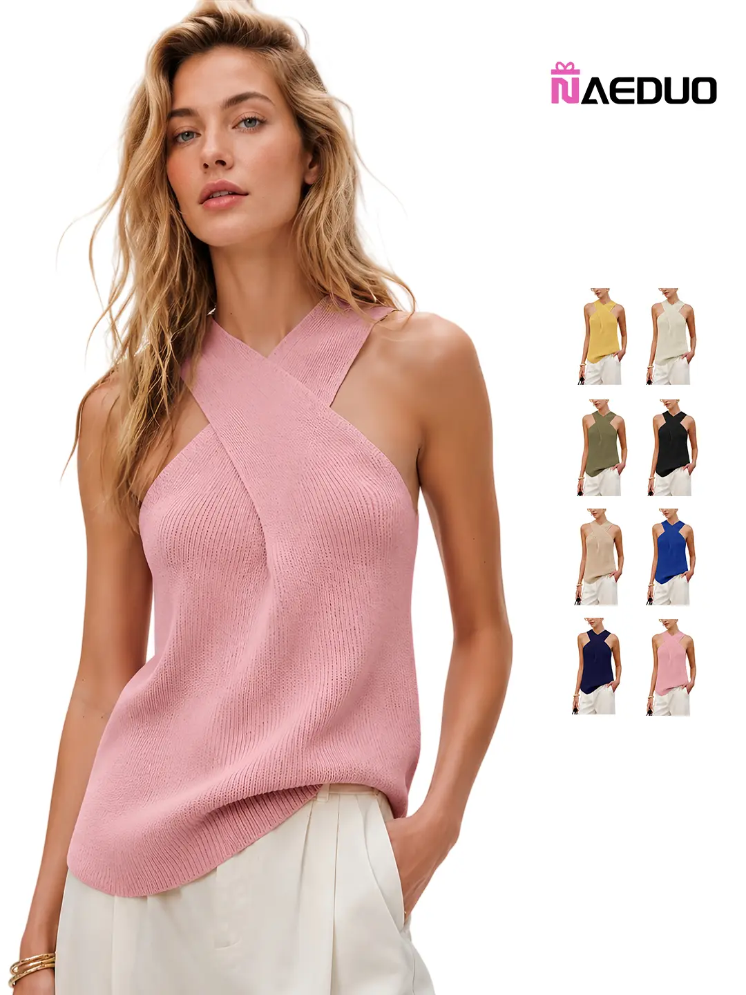 Naeduo Women's Summer Cross Halter Neck Knit Tank Top - Slim Fit Ribbed Sleeveless Shirt for Casual, Office & Vacation Outfit Elastic Soft