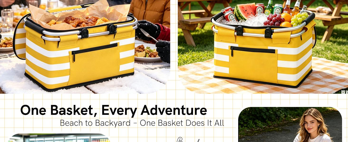 Yellow Insulated Picnic Basket,Leak-Proof Collapsible Cooler Bag,26L Grocery Basket with Lid,2 Sturdy Handles,Storage Basket for Picnic,Food Delivery,Take Outs,Market Shopping,Travel