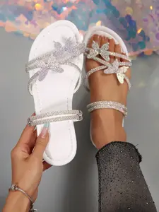 Women's Rhinestone Butterfly Sandals, Party Style Round Toe, Medium Width, Less Than Ankle Height, Perfect for Dates and Parties