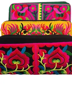 Vintage women's canvas wallet, embroidered with cotton thread and with zipper, ideal for women and young people, 2024 trends