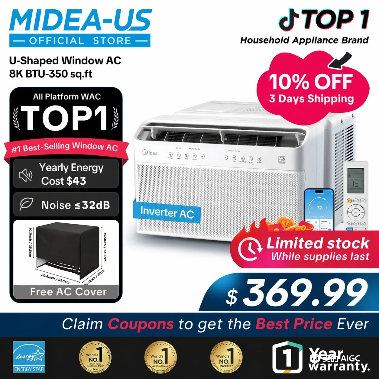Midea 6K/8K/10K/12K BTU U Shaped Smart Inverter New Window Air Conditioner,  2026 version AC, Cools up to 450 Sq. Ft.,Ultra Quiet with Open Window Flexibility, Works with Alexa/Google Assistant, 35% Energy Savings, Remote Control