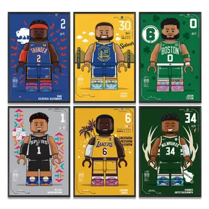 Curry, LeBron, Tatum, Wembanyama, Jokic, Giannis basketball star building block style cartoon art canvas painting, signed poster, featuring legends and rising stars, team star players, home decor artwork