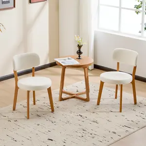 Oak Wooden Dining Chairs Set of 2, Mid-Century Modern Linen Fabric Upholstered Kitchen Chair, Farmhouse Dining Room Chairs with Round Cushion