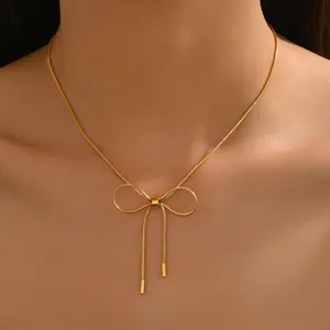 Stylish Exquisite Bow Pendant Necklace - Long Delicate Chain, Sparkly Mini Bow Detail Fashion Statement Necklace, Daily Wear, Suitable for Casual & Formal Occasions, Bow Detail Necklaces, Fashion Statement Necklaces