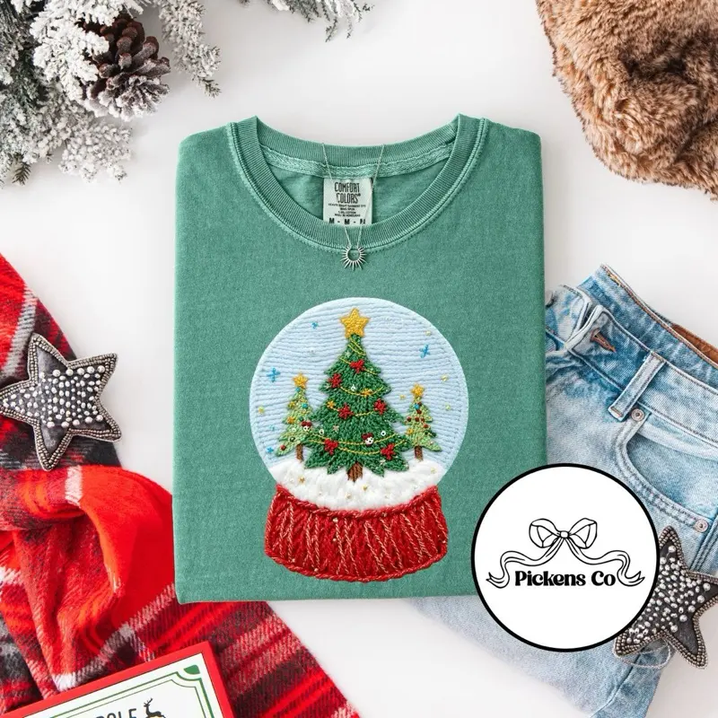 PICKENS CO | Jolly Threads Collection | Snow Globe Sparkle Tee | Christmas Shirt with Snow Globe Design | Perfect for Holiday Season