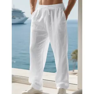 Men's high-quality linen straight leg flat bottomed pants, summer beachwear, casual and loose, durable and easy to care forRAIMENTRY