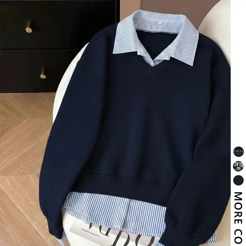 Women's Layered Look Pullover, Sweatshirts with Striped Collar, Fashionable Long Sleeve Top for Casual Office Everyday Wear, Classic College Style, Knit Sweatshirt