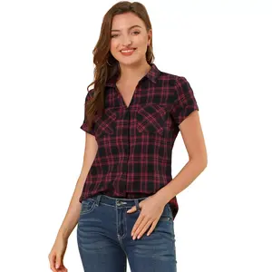 INSPIRE CHIC Women's Classic Short Sleeve Button Down Point Collar Plaid Shirt Red Black Medium