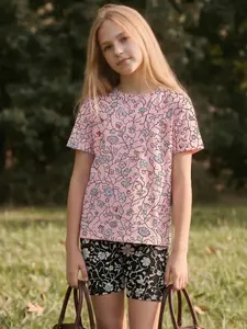 Trendy Kids Cottagecore Outfit Set, 2Pcs Floral Print Tee & Biker Shorts, Soft Cotton-Blend Summer Clothes, Aesthetic Floral Style for Girls, Perfect for Casual Wear & Playdates