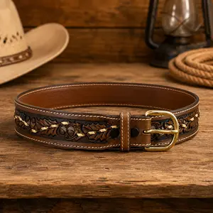 Men's Unisex Brown Leather Western Belt - Tooled Oak Leaf & Acorn Design, Gold Buckle, Ranch Style
