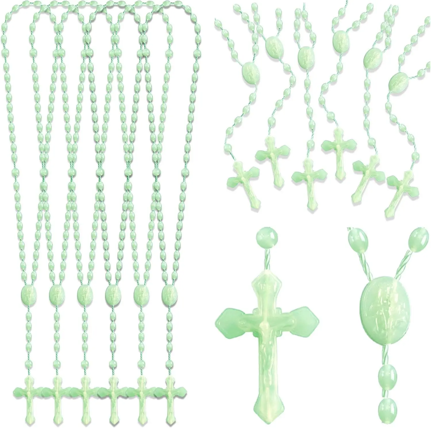 12Pcs Glow in the Dark Rosary Beads, 17 Inch Plastic Catholic Bulk Rosaries | Rosarios Catolicos Cross Necklaces, Luminous Rosaries in Bulk for Church Welcome Gifts, Baptism, Communion, Religious Favors