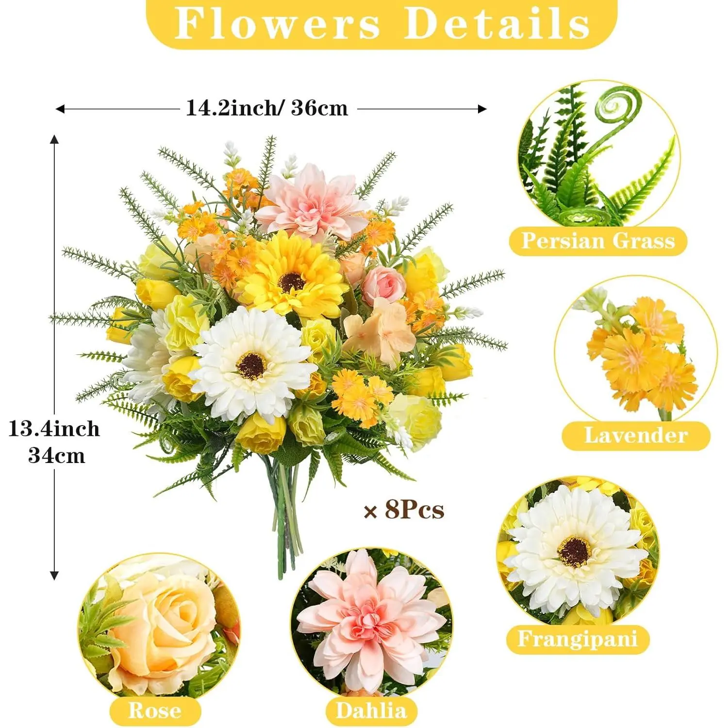 Artificial Flowers, Silk Yellow Roses & Pink Dahlias Bouquets -13.4" Fake Flower Outdoor Summer, Faux Floral Arrangements for Indoor Vase, Home Wedding Table Centerpiece, Cemetery Grave Decoration