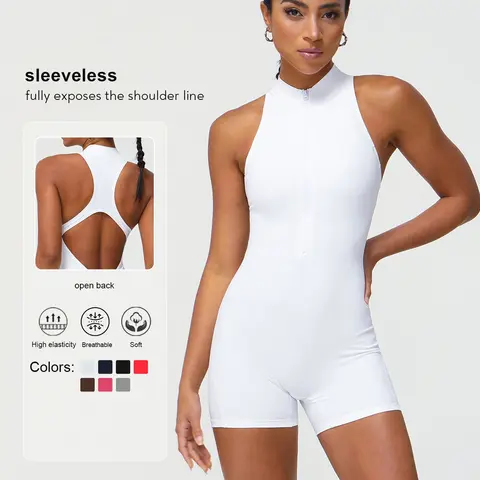 Sodalemon Women's Solid Color Sleeveless Backless Half-Zip Sports Romper, High-Stretch Tight-Fitting Romper for Workout, Yoga & Fitness, All-Season Athleisure Clothes, Exercise Rompers