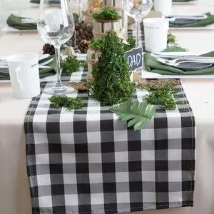 Gingham Polyester Table Runner, 14"x108" Black-White Buffalo Plaid, Checkered Farmhouse Table Linen for Wedding Party, Outdoor Use, Wedding Party Table